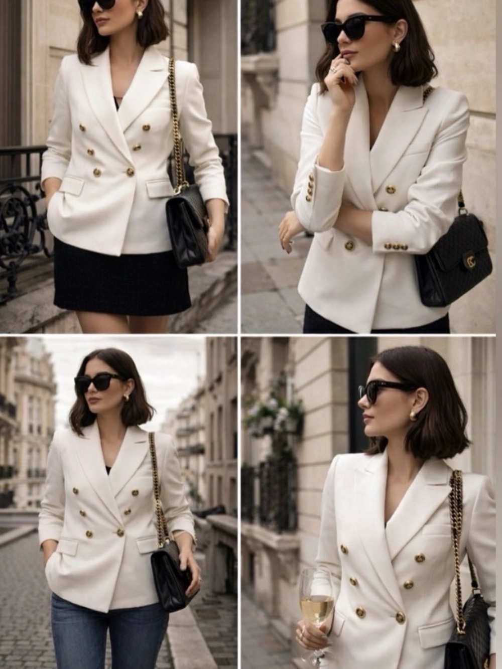 ZARA White Double Breasted Blazer Gold Buttons Tailored Chic Size S